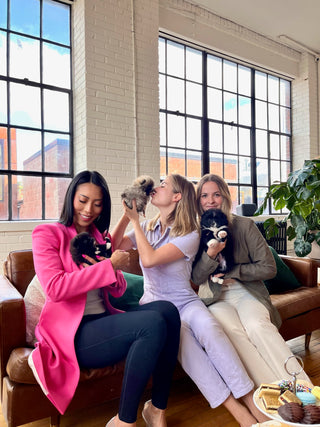 three women sitting on a brown couch with large French-windows and white brick in the background. In their hands are tiny puppies that they're holding in their arms. At the bottom left is a set of high-tea pastries as part of a private wellness event known as puppies and pastries - a private event planning service offered by the team at puppysphere.