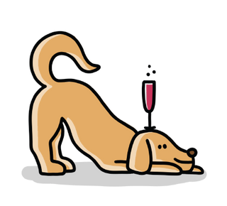 A graphic image of a yellow dog doing downward dog. Balancing on its head is a glass of champagne